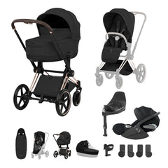 Cybex Priam 5 Style Collection Pushchair (Rose Gold) & Foldable Carrycot - Ultimate Accessory Bundle with Cloud T Plus & Base T